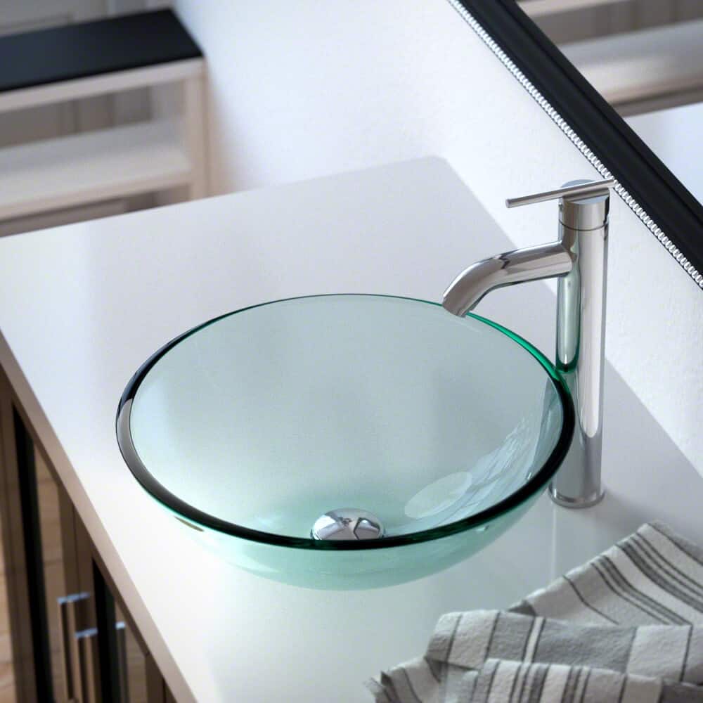 Glass Vessel Sink in Crystal with Faucet and Pop-Up Drain in Chrome