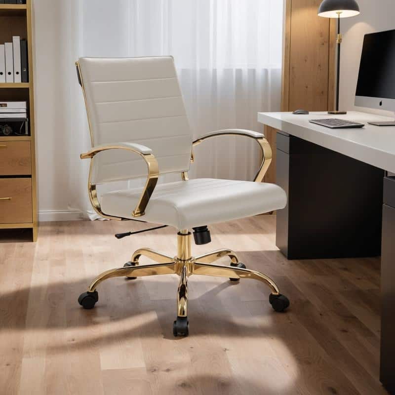 Benmar Ergonomic Leather Office Chair with Lumbar Support, Gold Steel Frame, Adjustable Height, Tilt Lock, & Smooth Casters