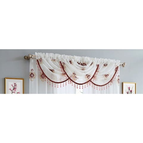 Lourdes Damask Embroidered Sheer Rod Pocket Waterfall Valance, 48x37 Inches - 48x37 Inches