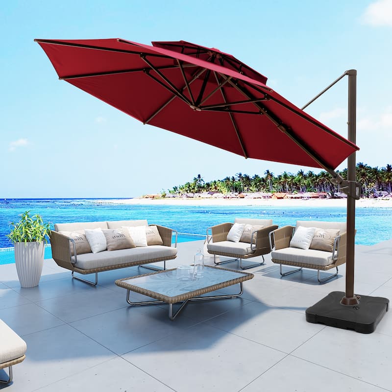 11 ft Outdoor Aluminum Dual Top Solar Powered LED Lighted Patio Cantilever Umbrella and Weighted Base