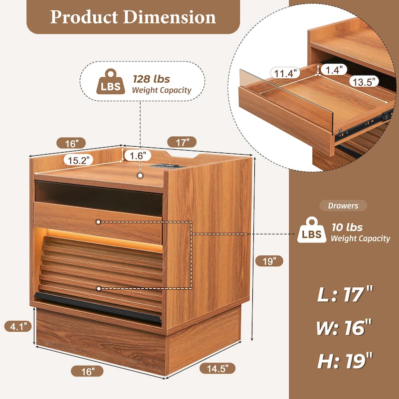 2 Drawers Nightstand with LED Lights, Bedside Tables End Table with Charging Station