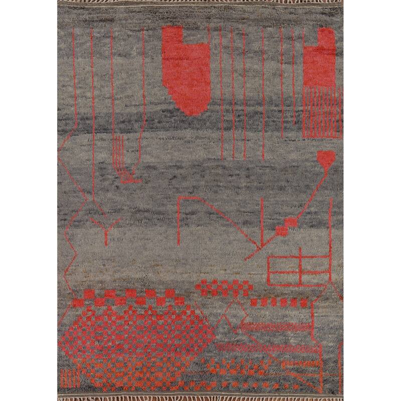 Moroccan Oriental Area Rug Hand-Knotted Grey Wool Carpet - 8'0" x 10'7"