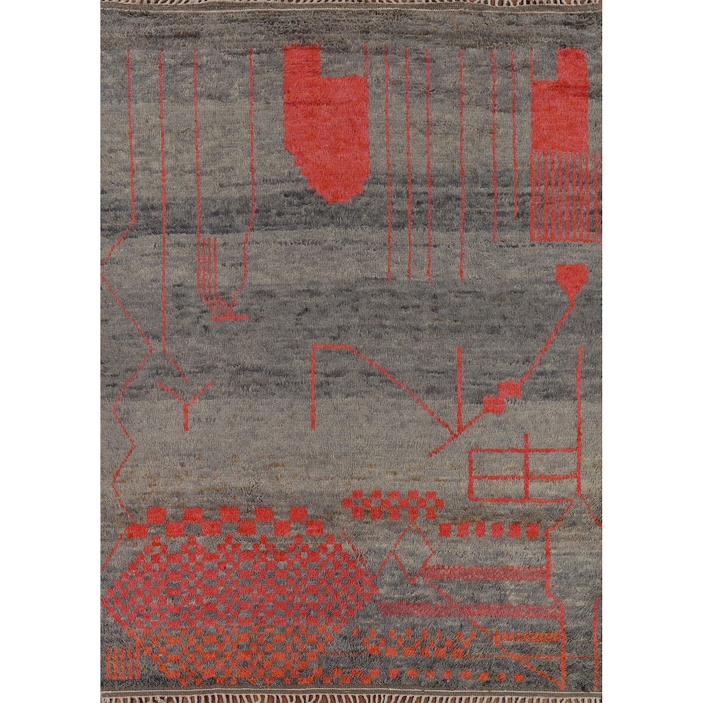 Moroccan Oriental Area Rug Hand-Knotted Grey Wool Carpet - 8'0" x 10'7"