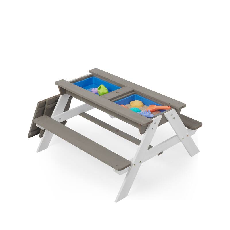 3-in-1 Kid Outdoor Wooden Picnic Table with Umbrella, Convertible Sand