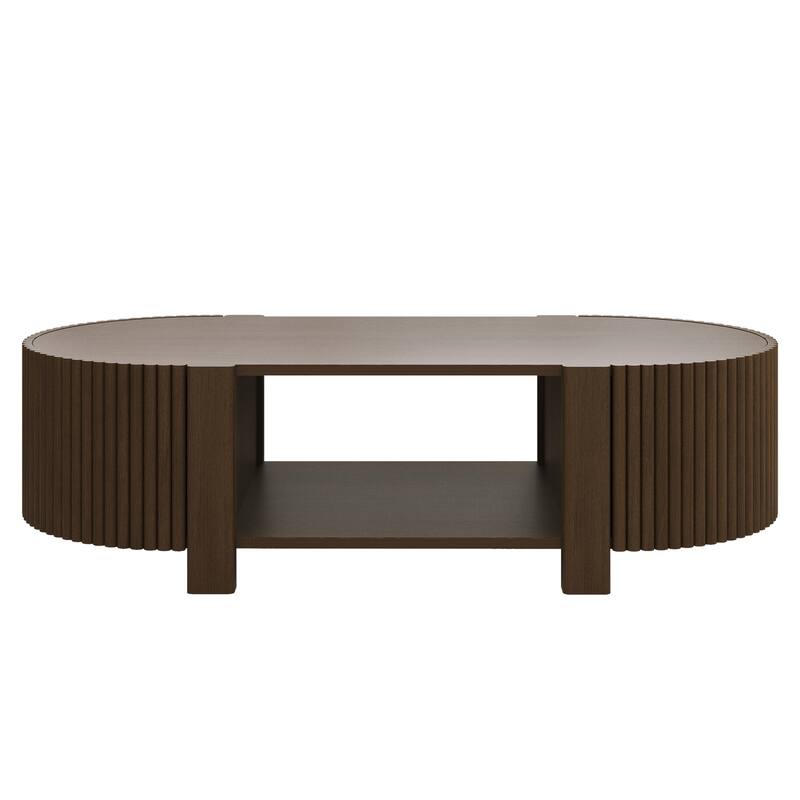 47" Coffee Table for Living Room, Wood Center Table, Tea Table, Storage Table with Sliding Doors, Modern Oval End Table