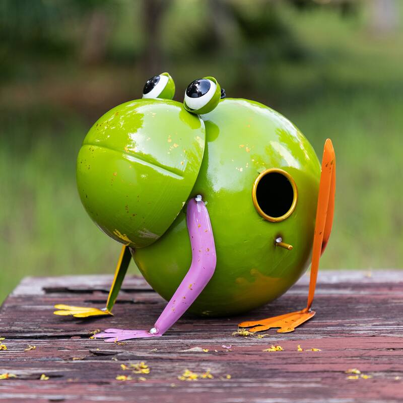 Glitzhome 9"L Metal Glossy Frog Outdoor Garden Birdhouse