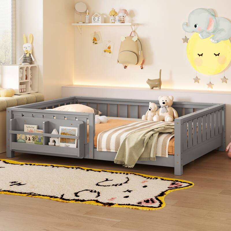Montessori Floor Bed Low Profile Kids Bed with Rails & Bookshelf