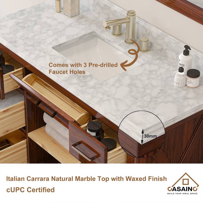 CASAINC 36"48"60" Freestanding Bathroom Vanity in Traditional Brown with Sink and Carrara Marble Top