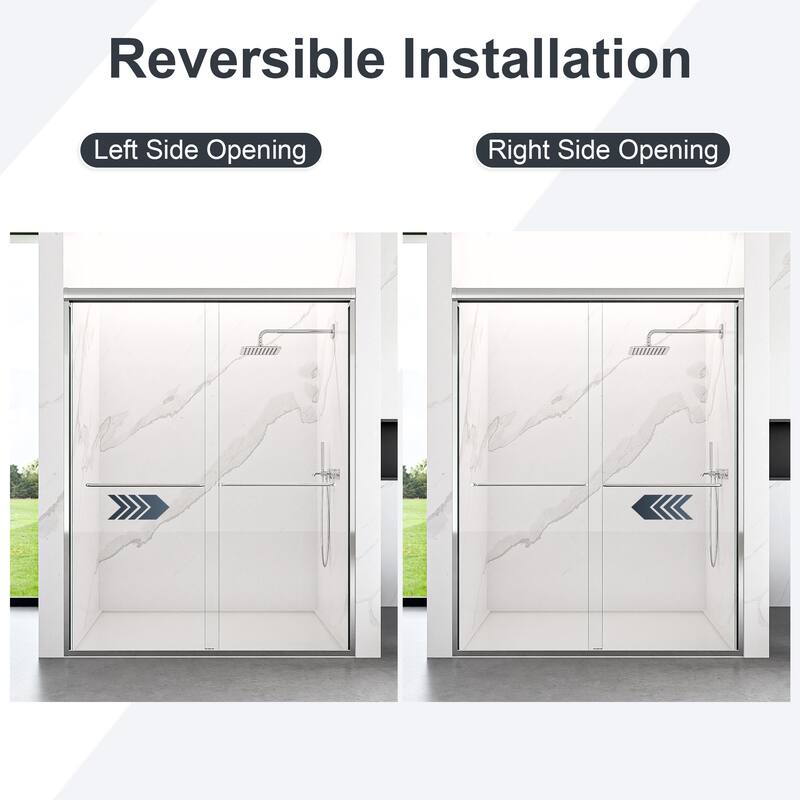 GDFStudio - Modern Semi-Frameless Double Sliding Shower Door with 1/4" SGCC Tempered Glass & Stainless Steel Handle