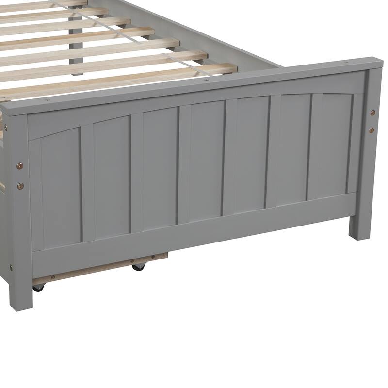 Twin Size Wood Platform Bed with Trundle, Stylish Design, Solid Construction, White/Gray