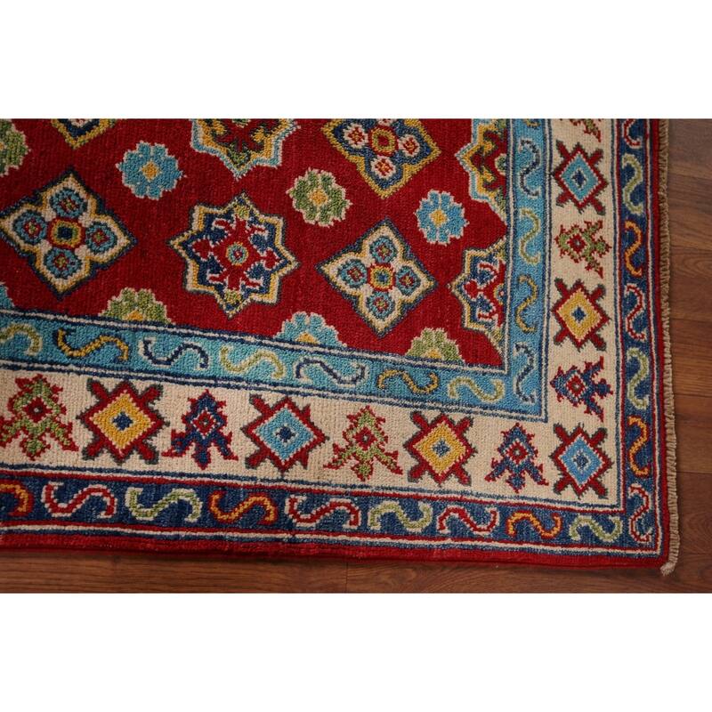 Kazak Accent Rug Hand-Knotted Geometric Red Wool Carpet - 2'8" x 4'1"