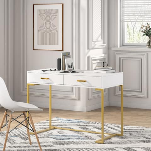 Modern Computer Desk with 2 Drawers, 39.4" Modern Simple White and Gold Writing Desk with Storage Drawers