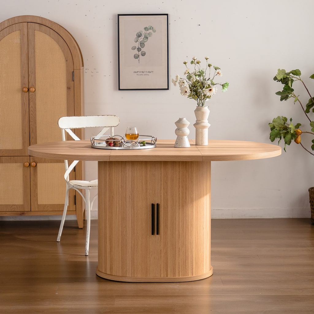 59" Modern Oval Dining Table with Storage Shelf, Wood Sliding Door Kitchen Table for 4-6 People