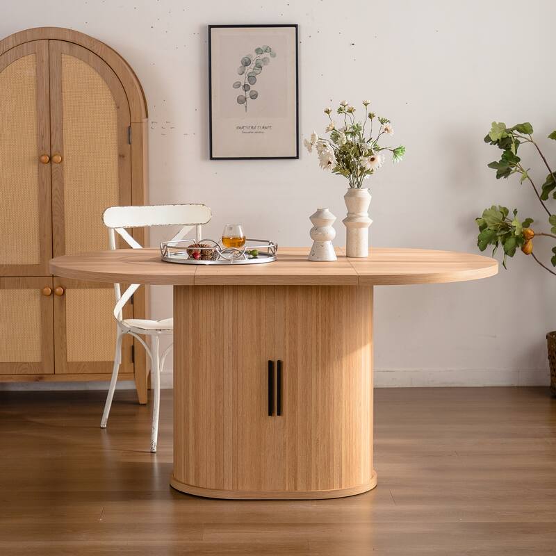 59" Modern Oval Dining Table with Storage Shelf, Wood Sliding Door Kitchen Table for 4-6 People