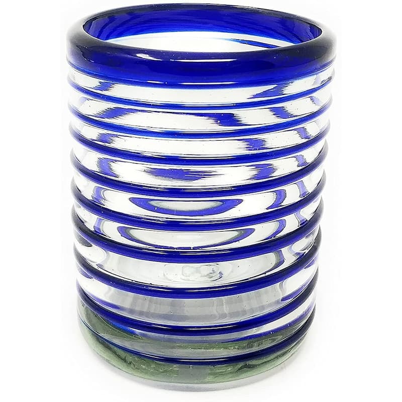 Dos Sueños Hand Blown Mexican Drinking Glasses - Set of 6 Tumbler Glasses with Blue Spiral Design (10 oz each)
