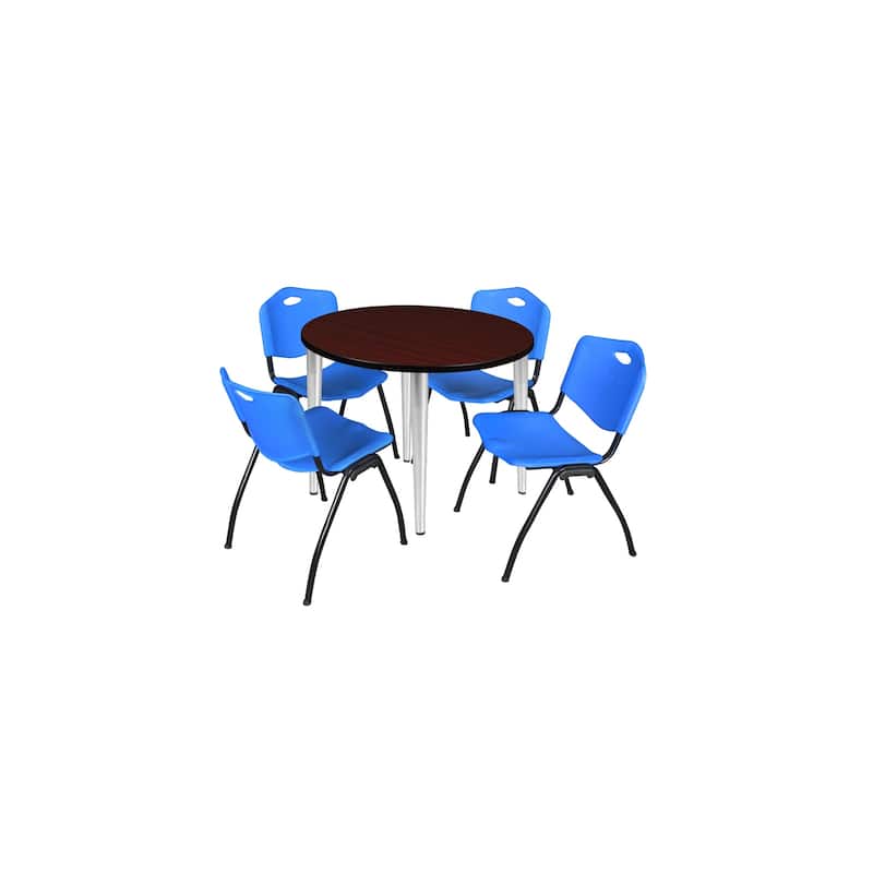 42 in. Round Breakroom Table- Mahogany Top, Chrome Base & 4 M Stack Chairs- Blue