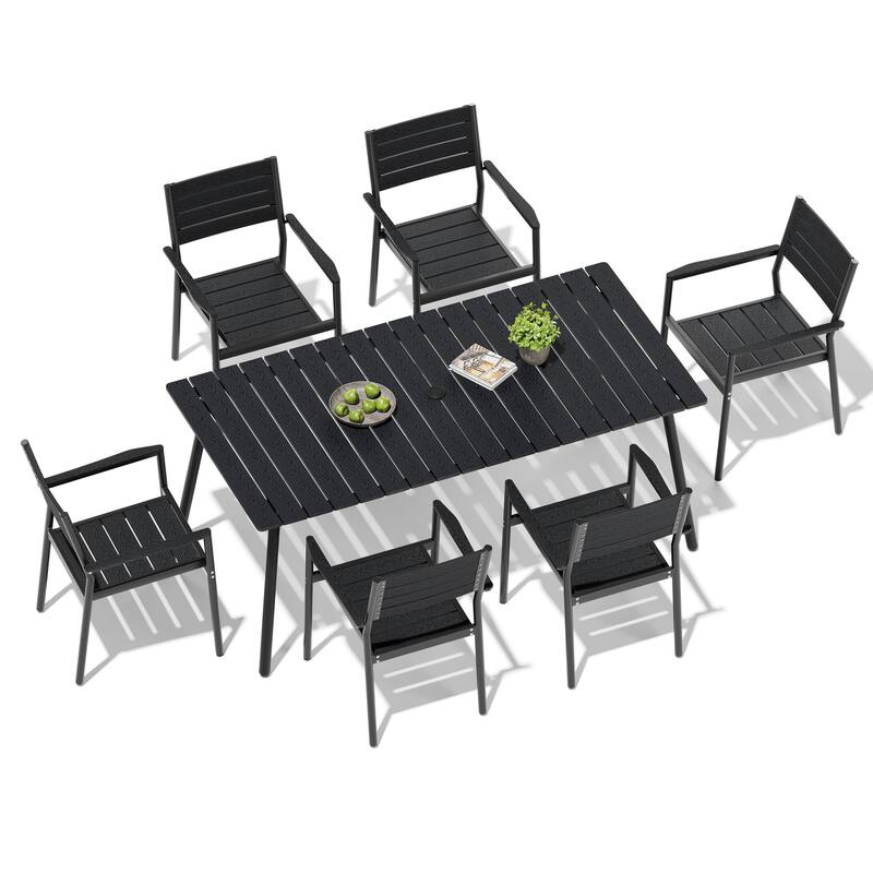 7-Piece Outdoor Dining Set Aluminum Rectangle Patio Dining Table with Umbrella Hole and Stackable Chairs