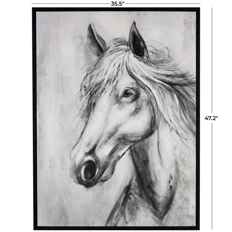 Black Canvas Hand Drawn Inspired Shaded Horse Framed Wall Art with White Background