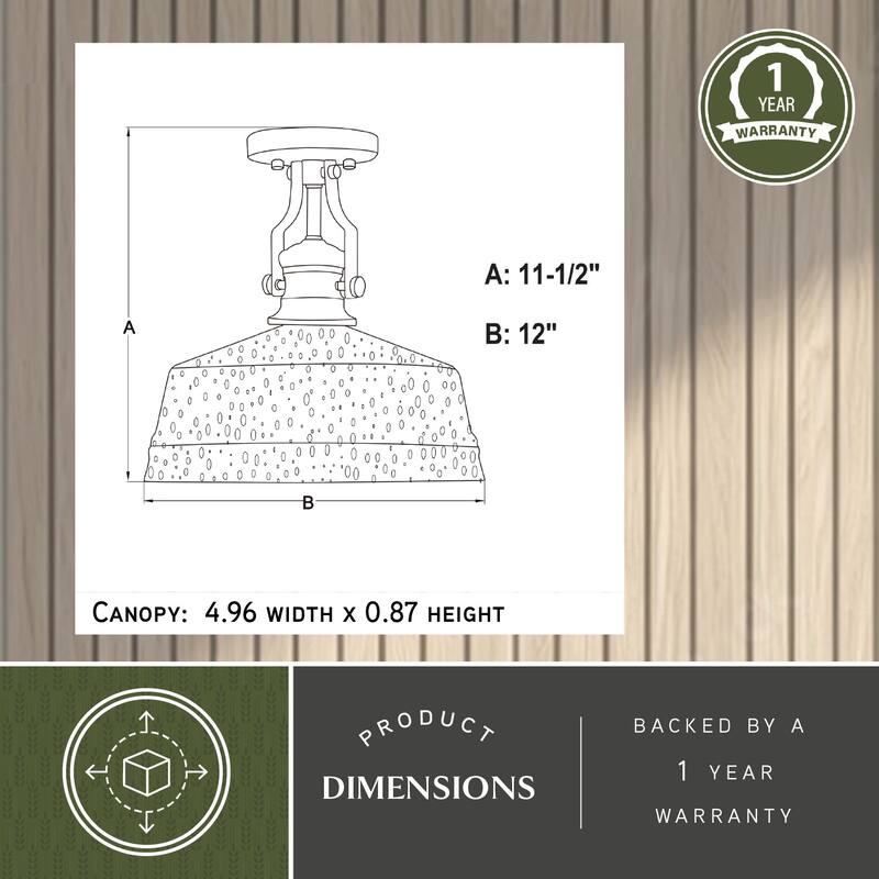 VAXCEL Beloit 1-Light 12 in. Wide Matte Black Farmhouse Dome Semi Flush Mount Lighting Fixture, Clear Seeded Glass Shade