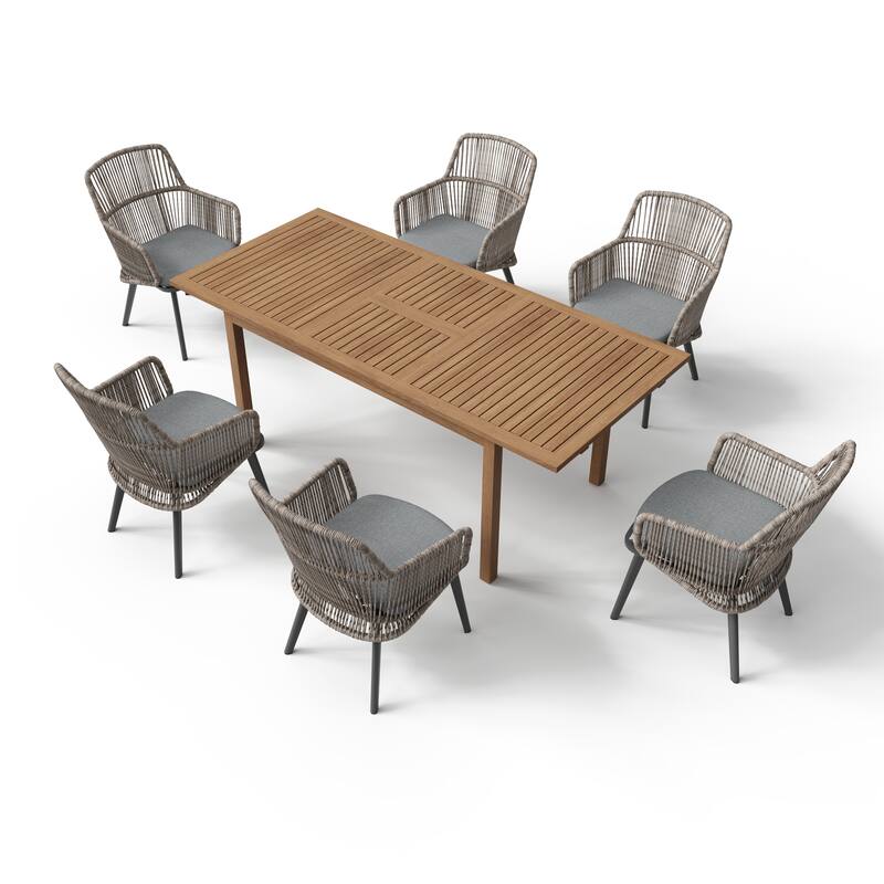 Outdoor Patio Dining Set PE Wicker Arm Chair and Extendable Dining Table (7-Piece Set)