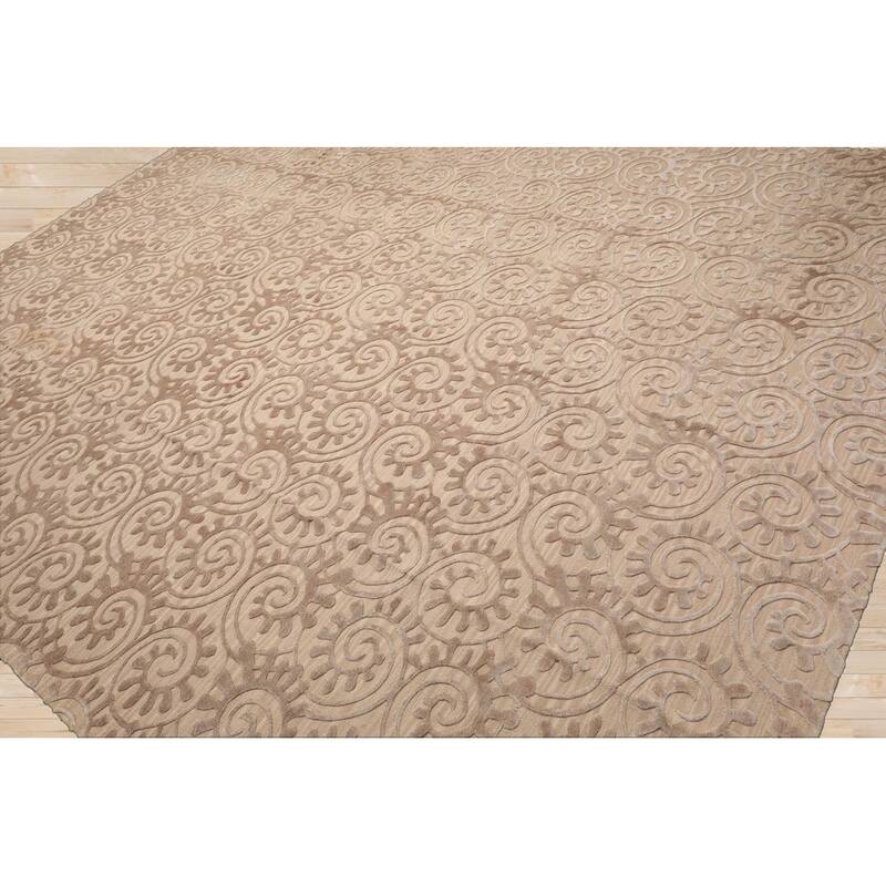 Hand Woven French Aubusson Tan Floral Wool & Silk Modern Area Rug - 9' 2'' x 11' 10''