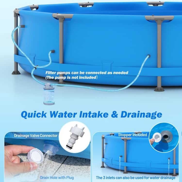 Blue-Grey PVC Metal Family Outdoor Ground Swimming Pool with Drain and Sturdy Frame