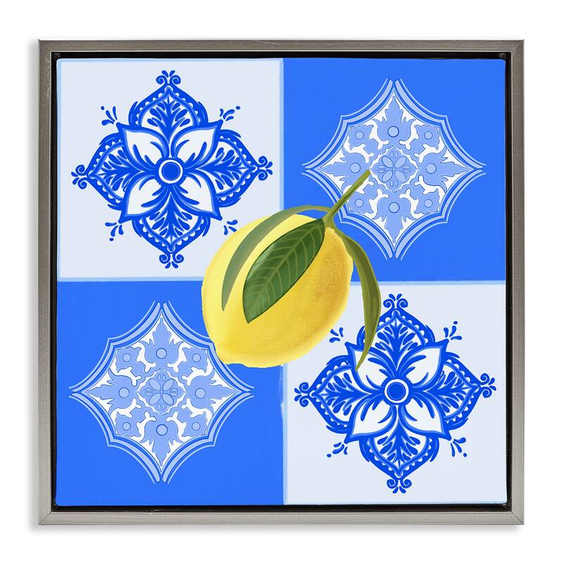 Stupell Lemon over Geometric Tiles Framed Floater Canvas Wall Art Design By Ashley Singleton - 18 x 18 - Grey