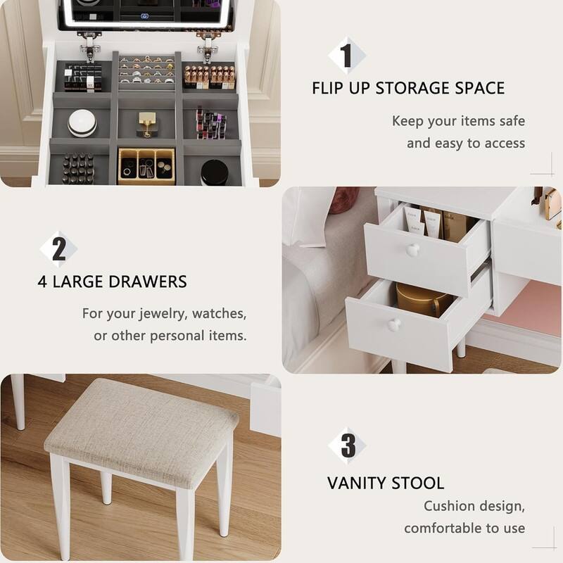 3-in-1 Vanity Desk with Flip Top LED Mirror, 5 Drawers, and Cushioned Stool