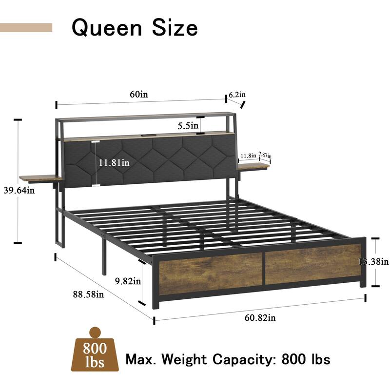 Queen Bed Frame LED Heavy Duty Metal Bed Frame with USB Port, Power Outlet, Upholstered Headboard and Bedside Shelf
