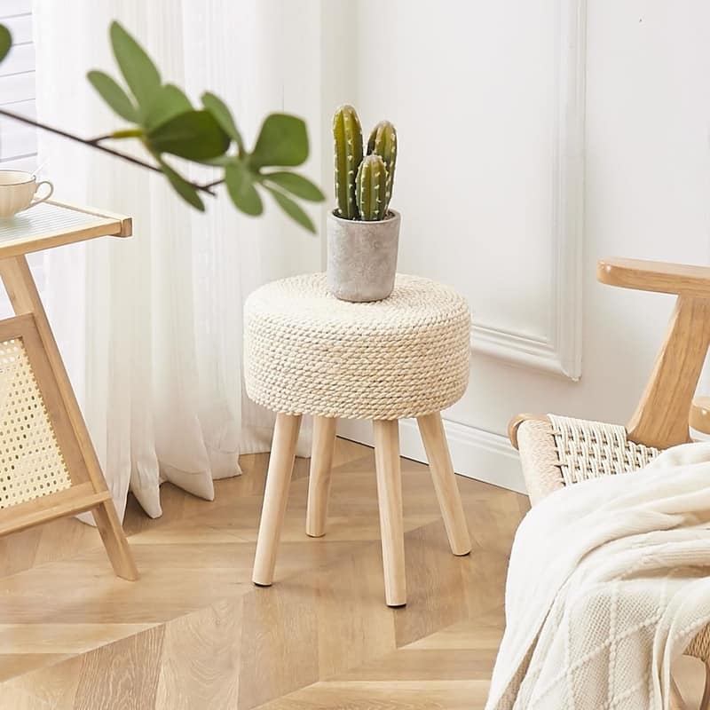 Footstool Ottoman Round with Solid Wood Legs