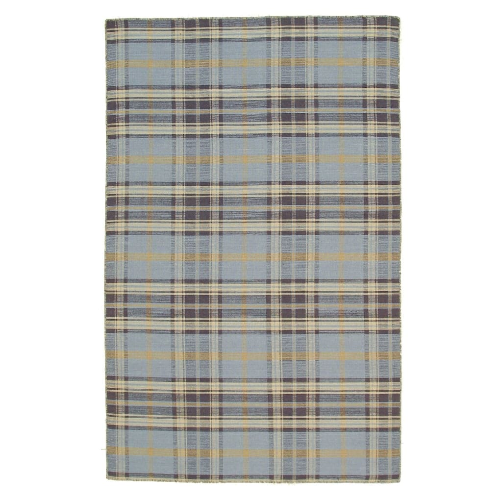 Blue Hand-Knotted Wool Transitional Plaid Rug, 5' x 8', Elegant Soft Texture - L