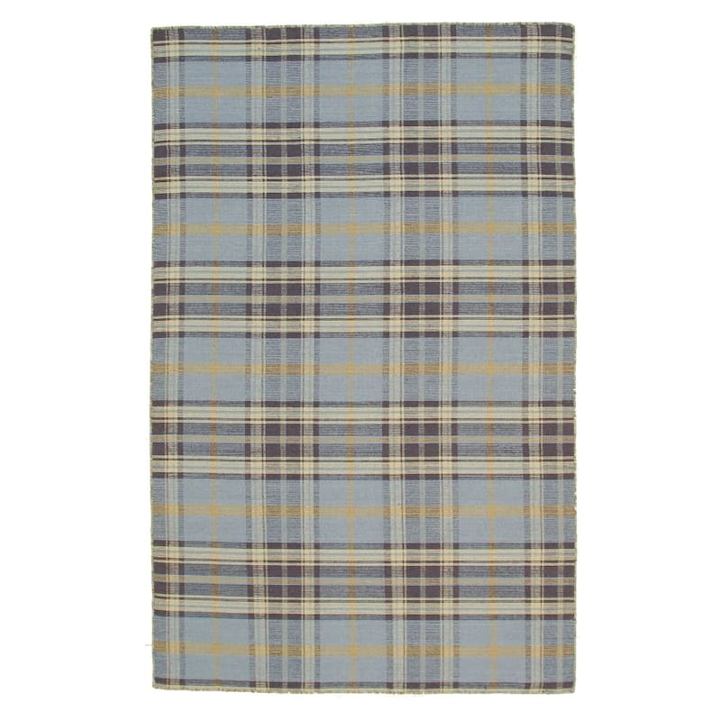 Blue Handmade Wool Transitional Plaid Rug, 10' x 14', Plush Soft Statement Design - L