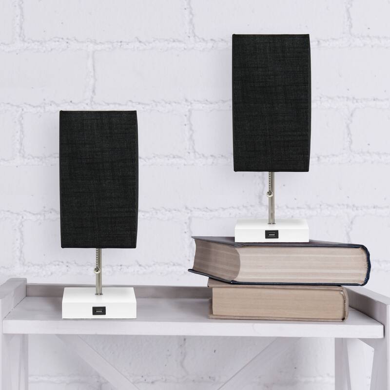 Simple Designs Petite White Stick Lamp with USB Charging Port and Fabric Shade 2 Pack Set - 5 x 5 x 14.25 (L x W x H)