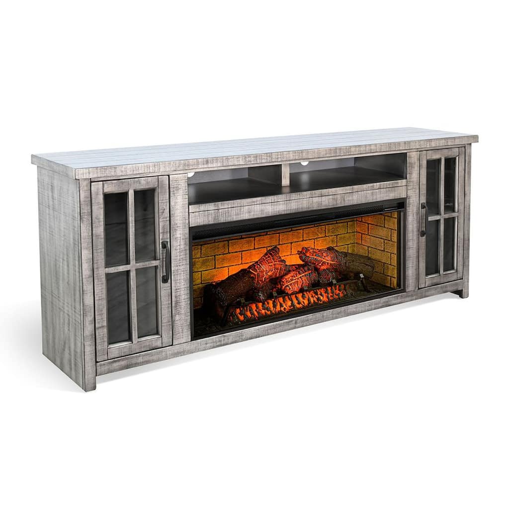 Gery TV Console w Log Fireplace, 76 Inch, 2 Cabinets, Gray Brown Mahogany