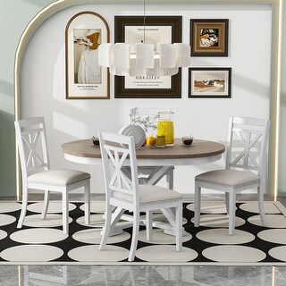 5-Piece Retro Functional Dining Table Set, Extendable Round Table and 4 ...