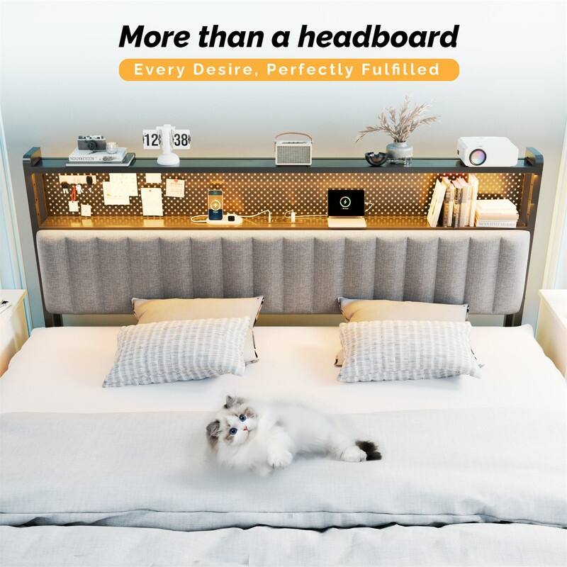 Adjustable Upholstered Headboard with 2 Tier Shelves with Charging Stations and LED Lights, Modern Bed Headboard with Storage