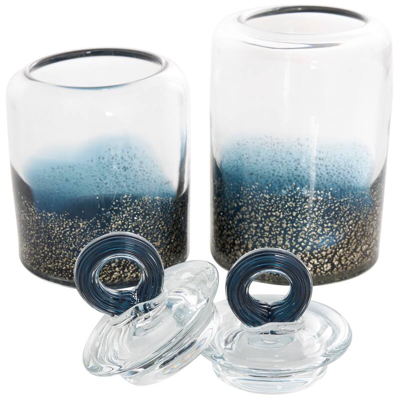 Brown or Blue Glass Handmade Decorative Jars with Gold Flake Details and Ring Lids (Set of 2)