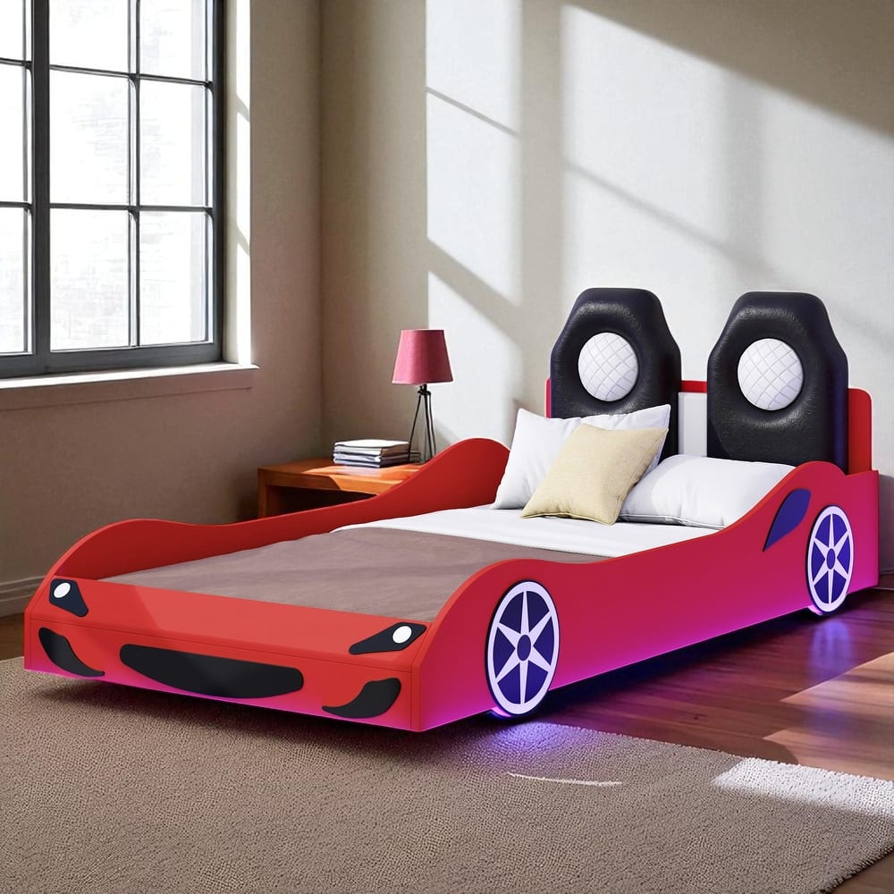 Twin Size Wood Race Car Platform Bed with LED Lights, Upholstered Backrest & Safety Rails