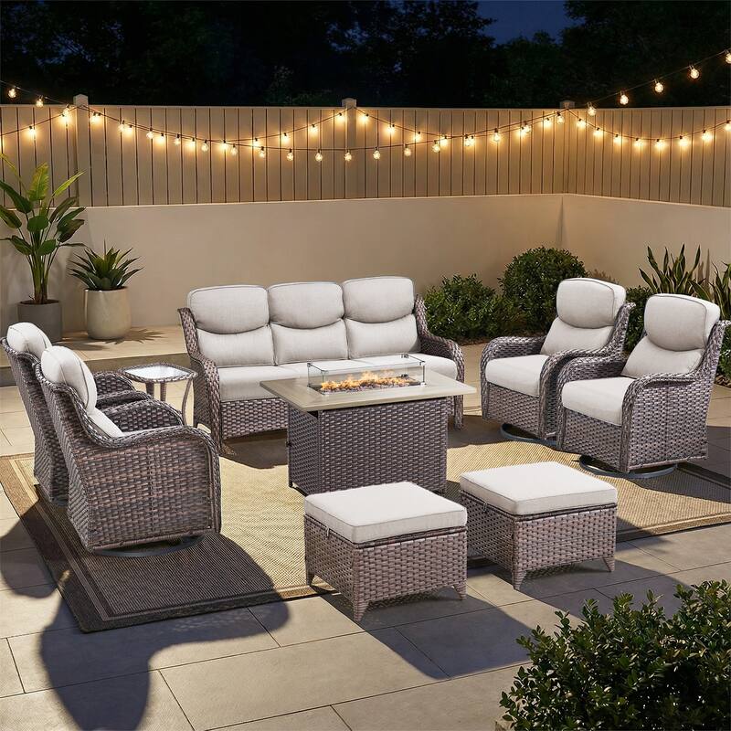 Pocassy Outdoor Fire Pit Sofa Swivel Chairs Ottoman Furniture Set - Brown Wicker Beige Cushion - 9-Piece Sofa Swivel Chair Ottoman w/ Fie Table