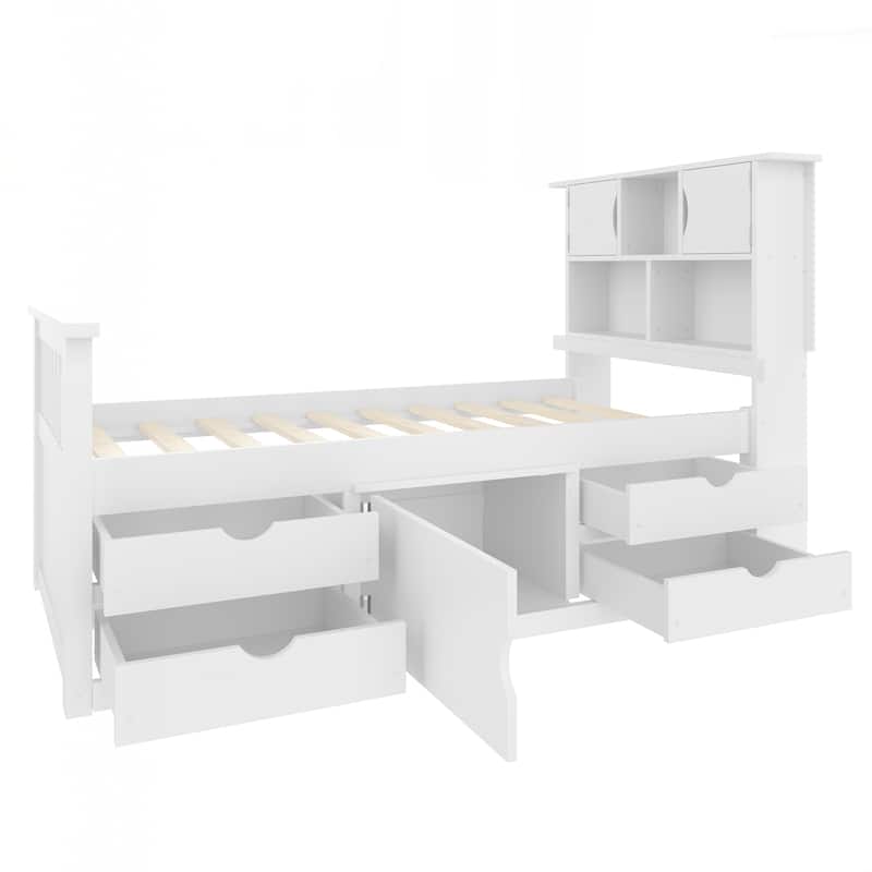 Twin Size Captain Platform Bed Frame with Storage Bookcases and Shelves