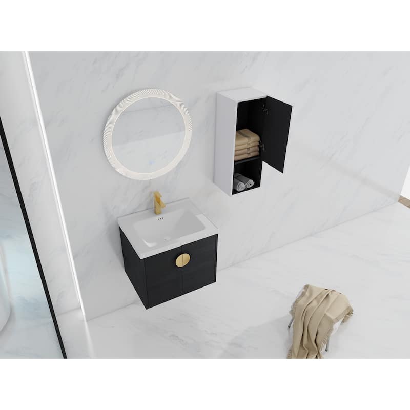 24" Wall-Mounted Bathroom Vanity With Ceramic Sink and Side Cabinet, Soft Close Doors, Combination Cabinet