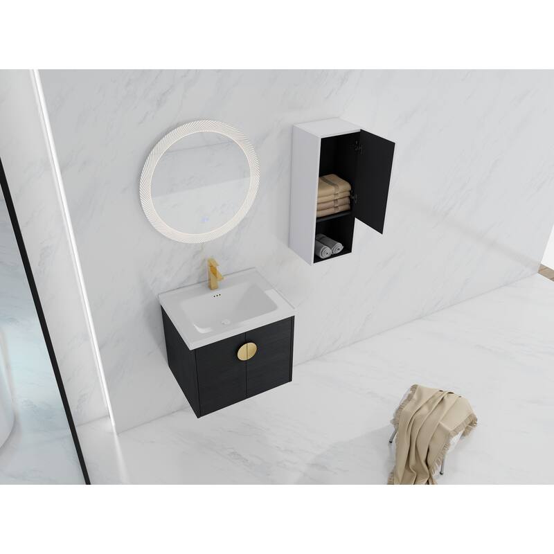 28" Floating Bathroom Vanity with Ceramic Sink, Soft-Close Doors, Wall-Mounted Side Cabinet, Black Chestnut