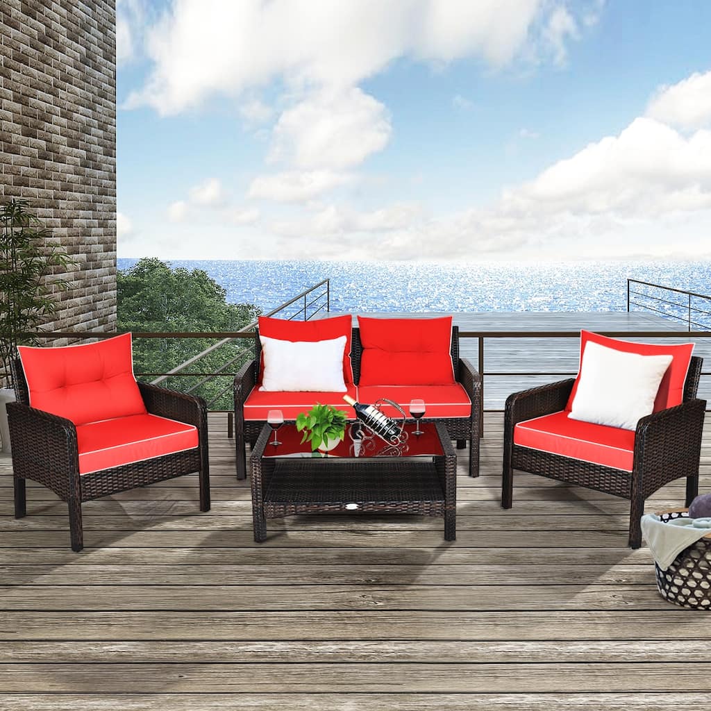 Costway 4PCS Patio Rattan Furniture Set Loveseat Sofa Coffee Table - See Details