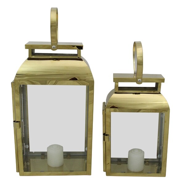 Set of 2 Shiny Rectangular Metal Candle Lanterns 16" - N/A