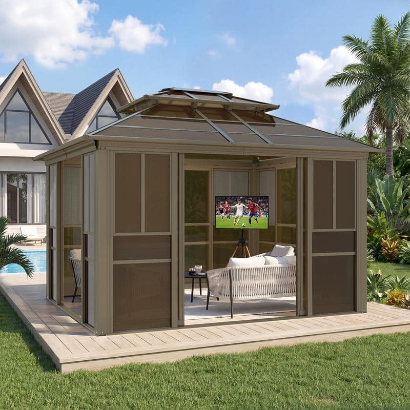 EROMMY Sunroom Gazebo with Double Roof, Adjustable Windows & Lockable Sliding Doors for Patio, Garden, and Backyard - 10' x 12'