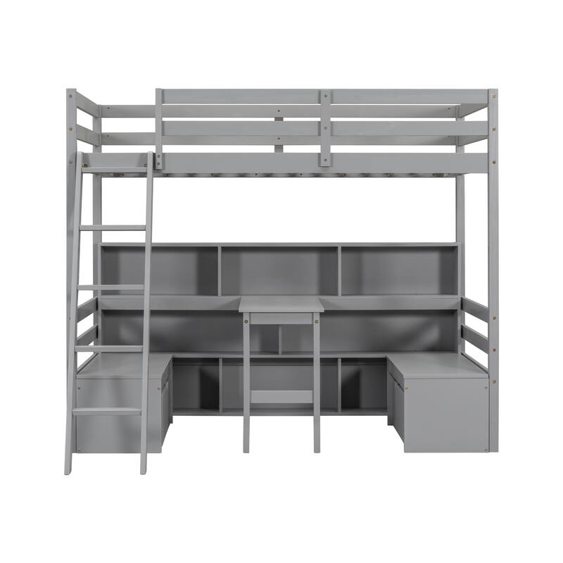 Wooden High Loft Bed Twin SIze with Desk and 2 Benches, Versatile Storage Loft Bed Frame with Built In Bookcase and 2 Drawers