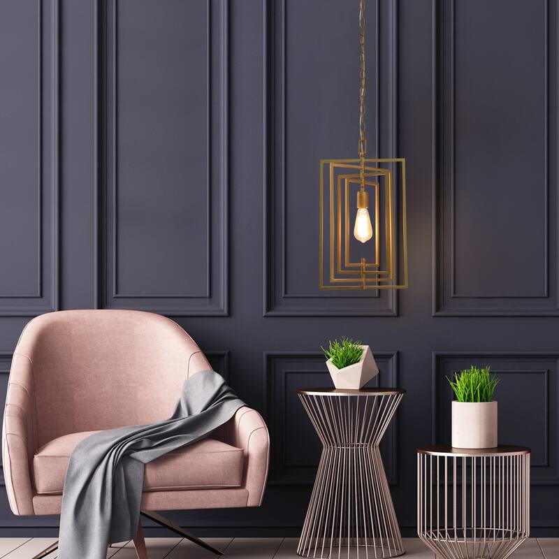 Rella Modern Farmhouse 1-Light Glam Gold Geometric Lantern Kitchen Island Pendant Foyer Lamp - W12"xH20.5"