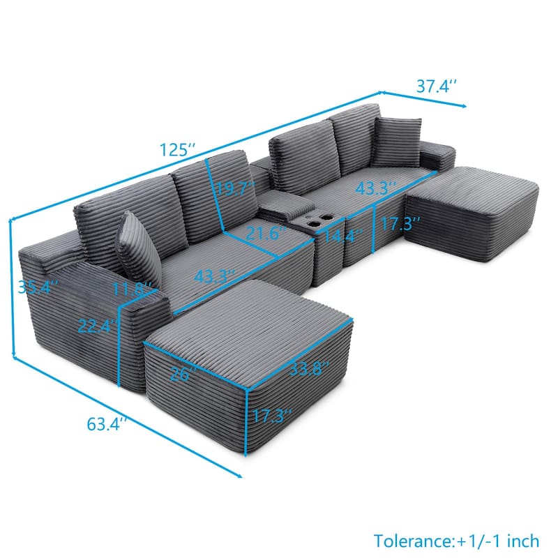 125" L Shaped Sectional Sofa with 2 Ottomans, Cloud Corduroy Couch with Deep Seat, Cup Holders and USB Ports