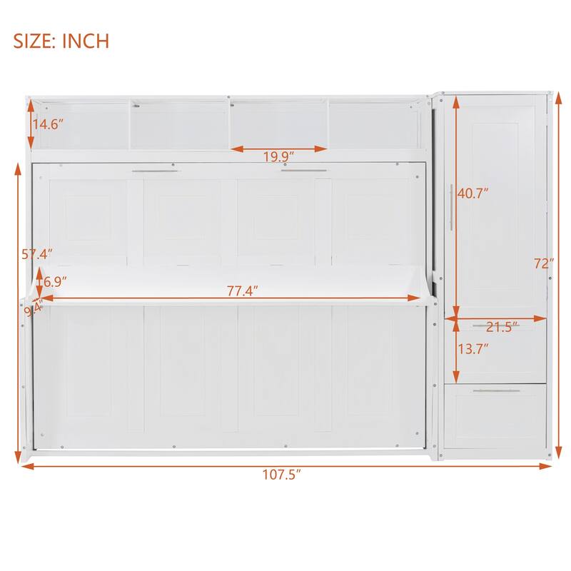 Full Size Murphy Bed Wall Bed with Closet and Drawers, White/Gray