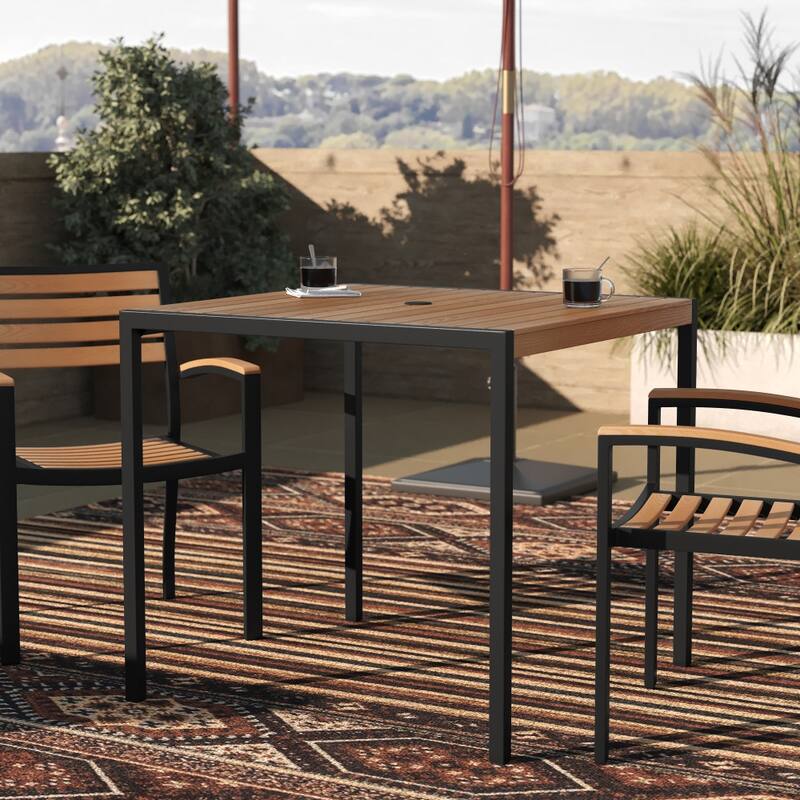 Square All-Weather Faux Teak Patio Dining Table with Steel Frame - Seats 4 - Teak